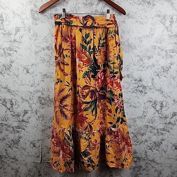 Rachel Roy Tiered‎ Midi Skirt  Small Floral Linen Blend Belt Tropical Hawaiian - Picture 1 of 9